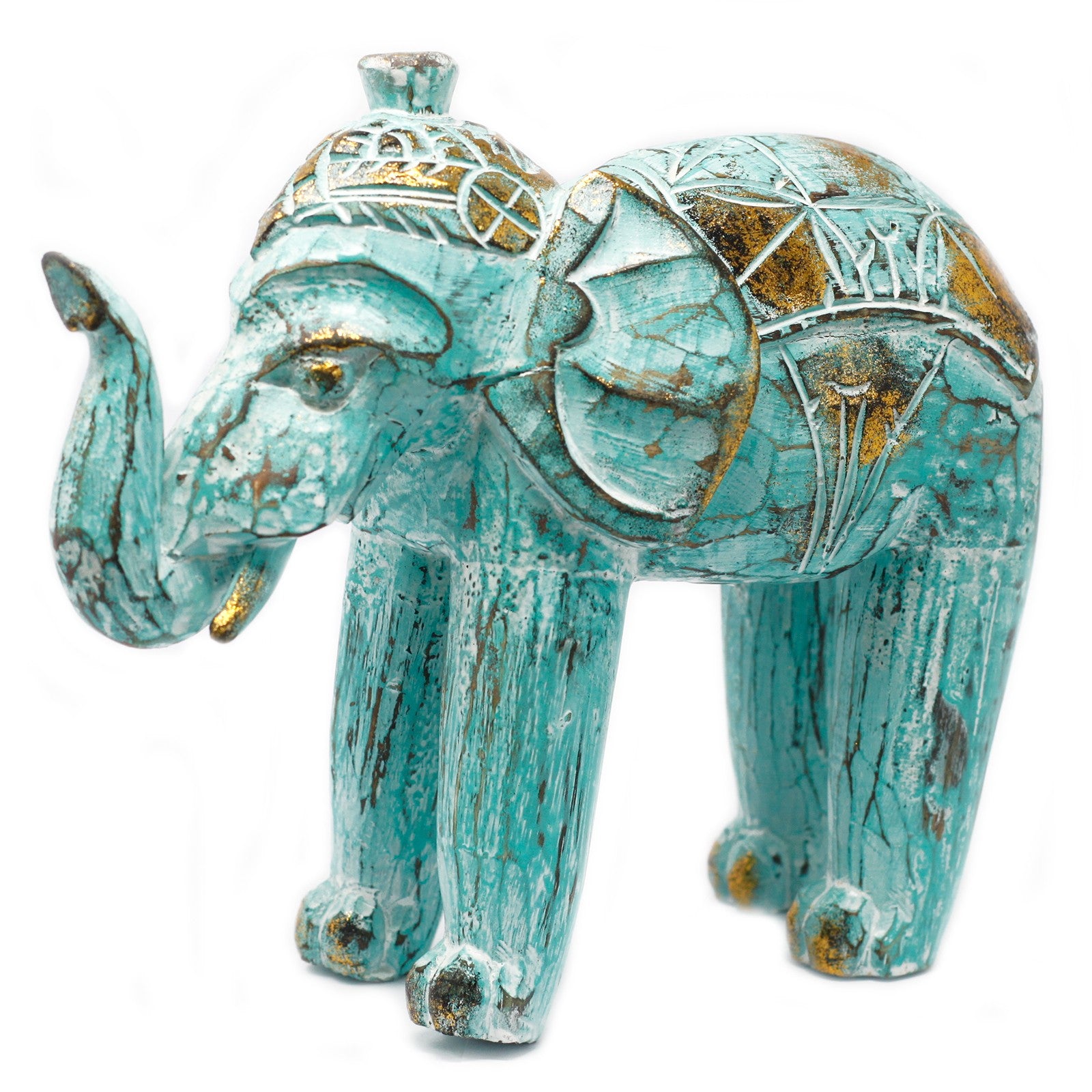 Elefante turquesa-oro en madera de albesia tallado a mano