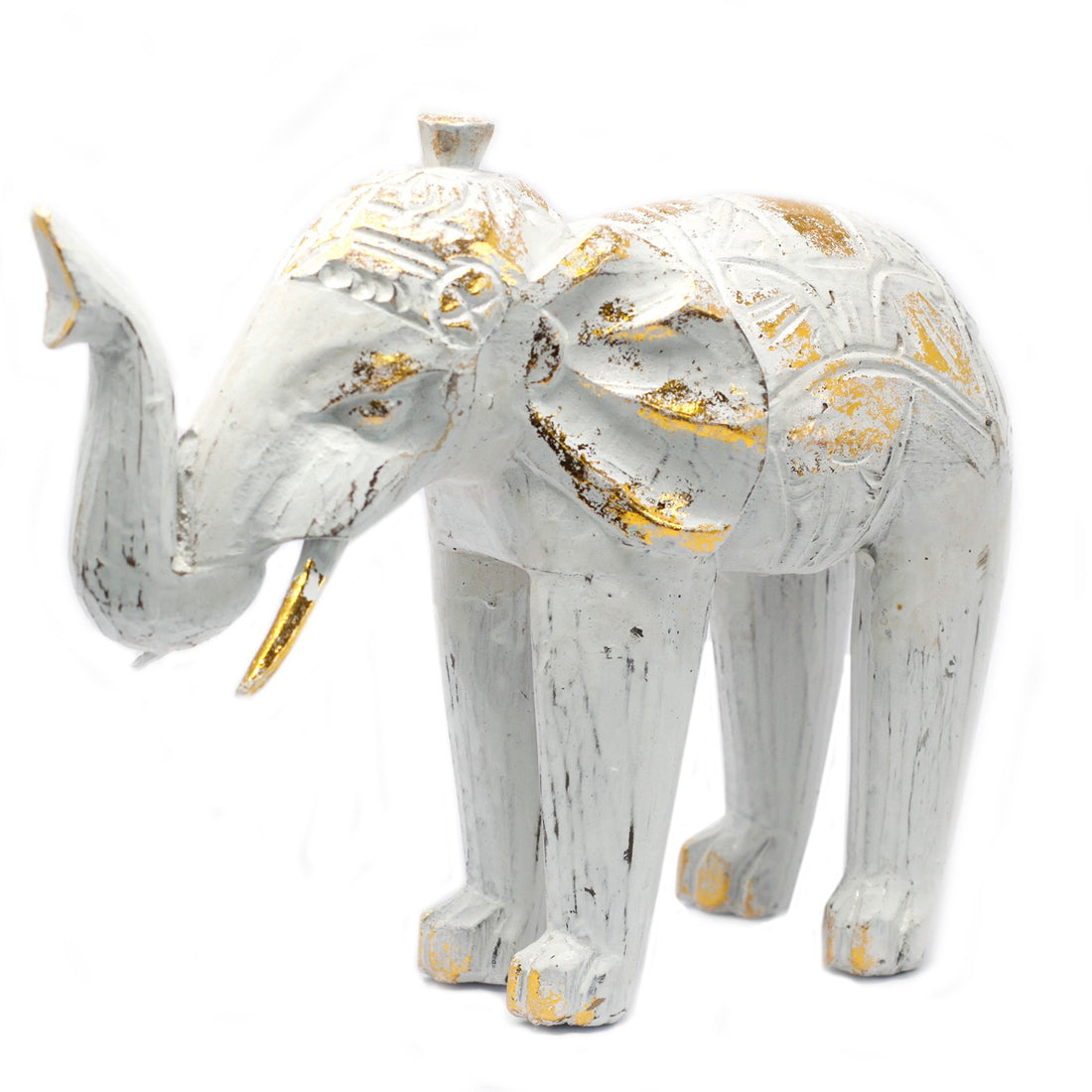 Elefante blanco-oro en madera de albesia tallado a mano